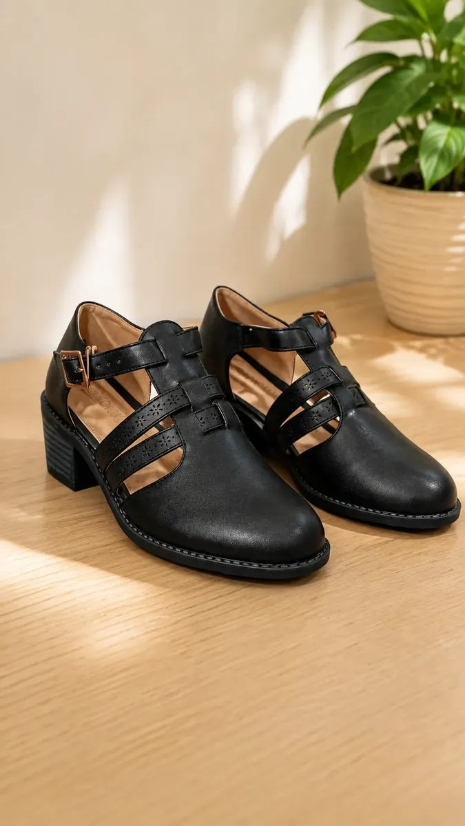Zapatos Mujer Con Taco Bajo Hebilla Y Diseño Calado