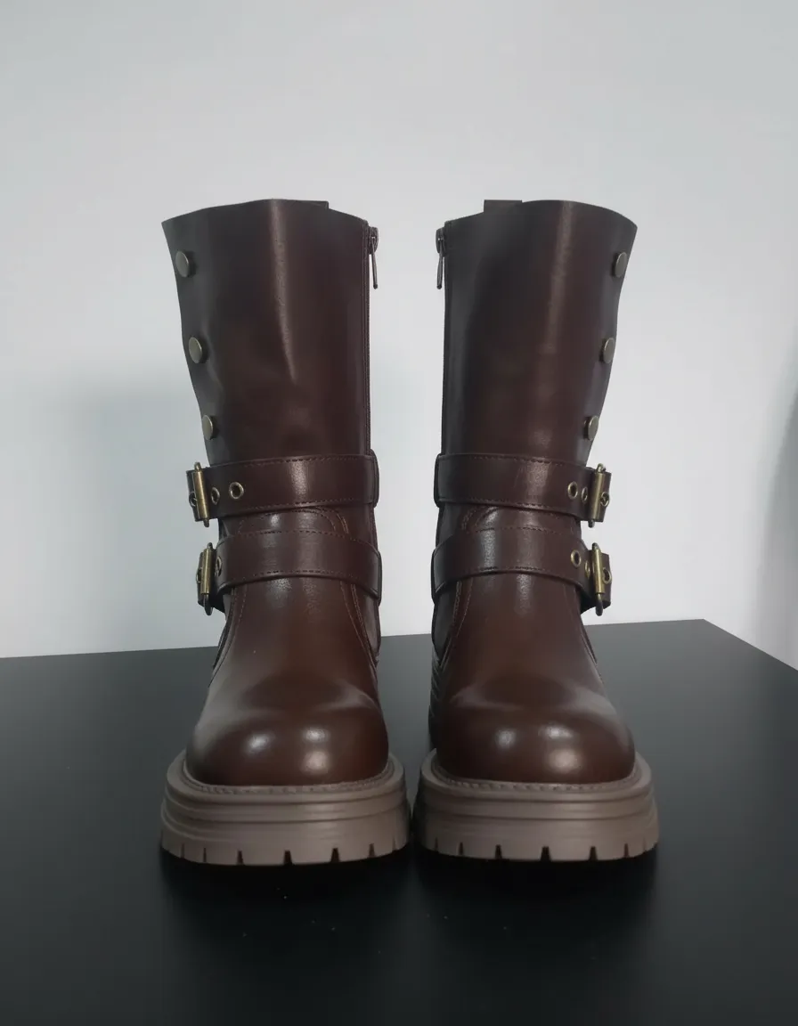 Bota Motoquera Mujer Caña Media Con Botones Hebillas - Imagen 4