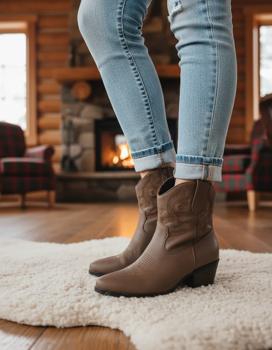 Bota Tejana Mujer Caña Baja Bordada Moda Invierno