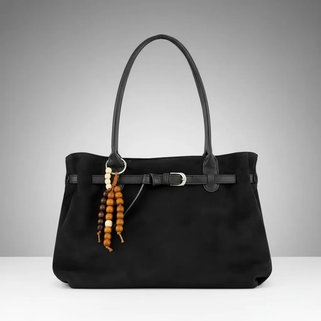 Cartera Gamuza Con Hebilla Y Detalle Colgante En Madera