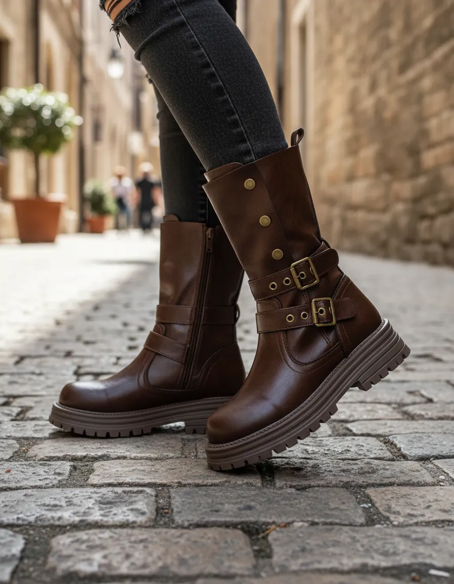 Bota Motoquera Mujer Caña Media Con Botones Hebillas