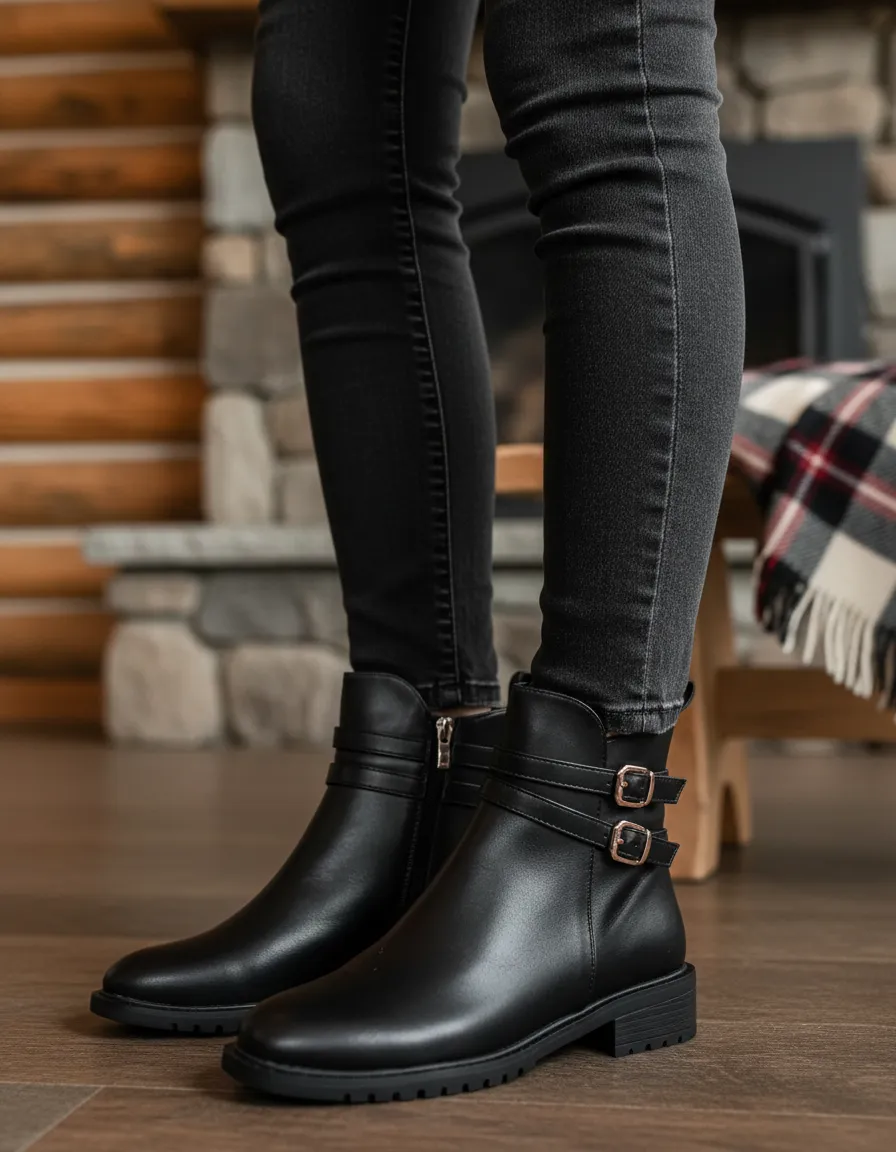 Botas Bella De Dama Negras Con Doble Hebilla Decorativa